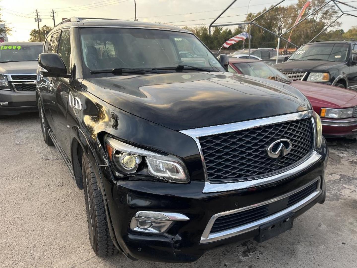 2015 BLACK INFINITI QX80 2WD (JN8AZ2NF9F9) with an 5.6L V8 DOHC 32V engine, AUTOMATIC transmission, located at 2303 West Mt. Houston, Houston, 77038, (281) 507-3956, 29.771597, -95.339569 - Photo#0